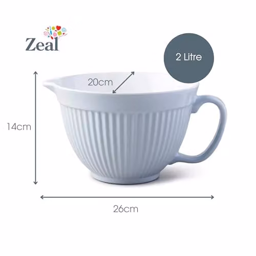 Zeal Melamine Mixing Bowl and Batter Jug with Pouring Spout and Non-Slip Base, Blue and White, 20 cm – 4