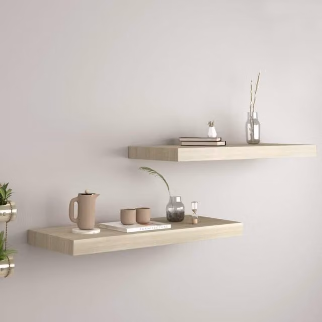 Berkfield Home Floating Wall Shelves, 2 Piece Oak MDF Set in Brown, W/D/H: 60 x 23.5 x 3.8 cm