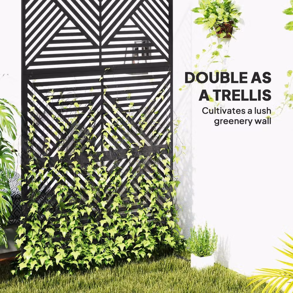 OUTSUNNY Decorative Outdoor Privacy Divider Panel with Stand, Black Steel, H 198 x W 120 x D 45 cm – 3