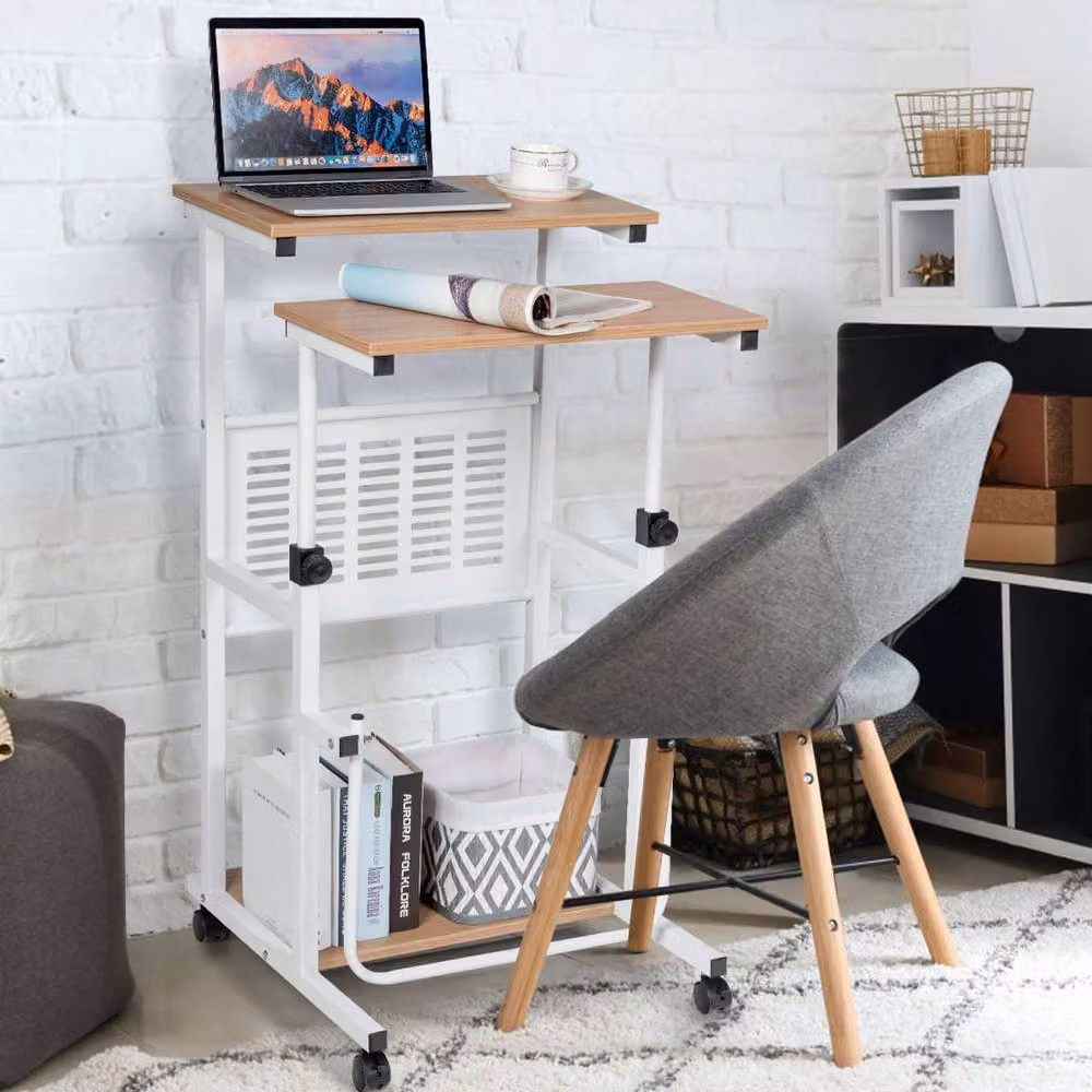 Costway 2 in 1 Height Adjustable Computer Desk and Movable Workstation in White – 4