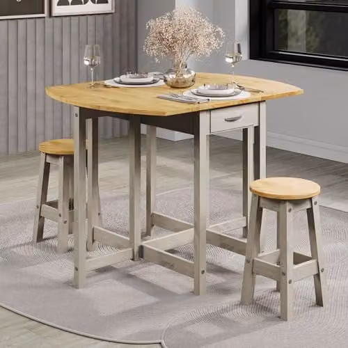 Core Products Corona Oval Drop Leaf Dining Set with Table and 2 Stools in Grey or White Waxed Pine – 2