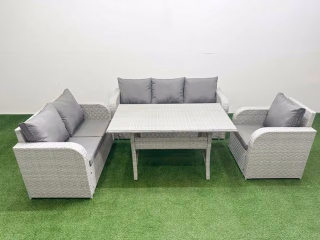 Fimous Patio 6 Seater Outdoor Rattan Furniture Set in Light Grey with Rectangular Dining Table, Reclining Chair, Loveseat and 3 Seater Sofa