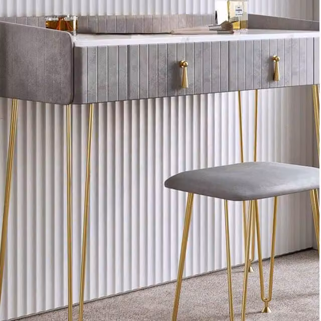 CARME Tokyo Glow Velvet Dressing Table with Velvet Stool in Grey, White and Gold