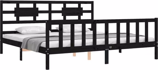Berkfield Home Beautiful Bed Frame with Headboard in Black Solid Pine Wood, W/D/H: 200 x 200 x 205.5 cm