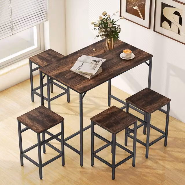HOMCOM Industrial Rectangular Dining Set with 4 Stools in Black and Brown – 2