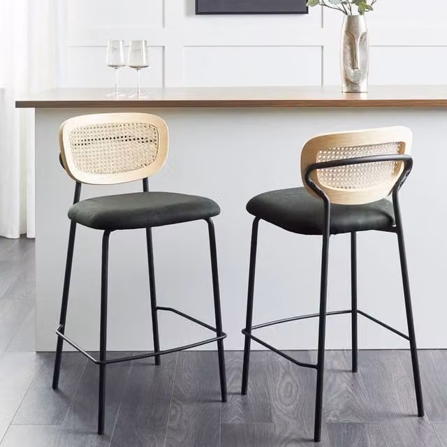 Wyld and Coco Viennese Rattan Bar Chairs Set of 2 with Dark Green Fabric Upholstery and Natural Wood Finish – 1