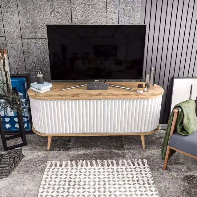 Decorotika Modern Striped TV Unit in Oud Oak and White, W: 140 cm