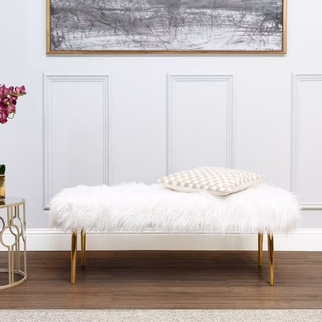 Orsina Clarence Natural Fur Effect Bench in White and Gold
