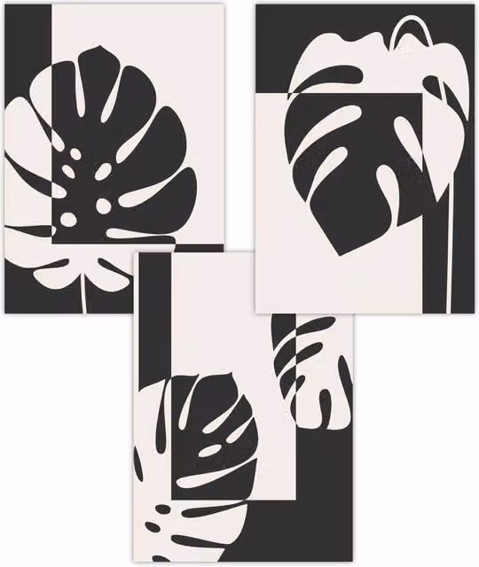 ARTZE Set of 3 Mid Century Monstera Botanical Art Posters in Black and White, W: 59 cm, H: 84 cm