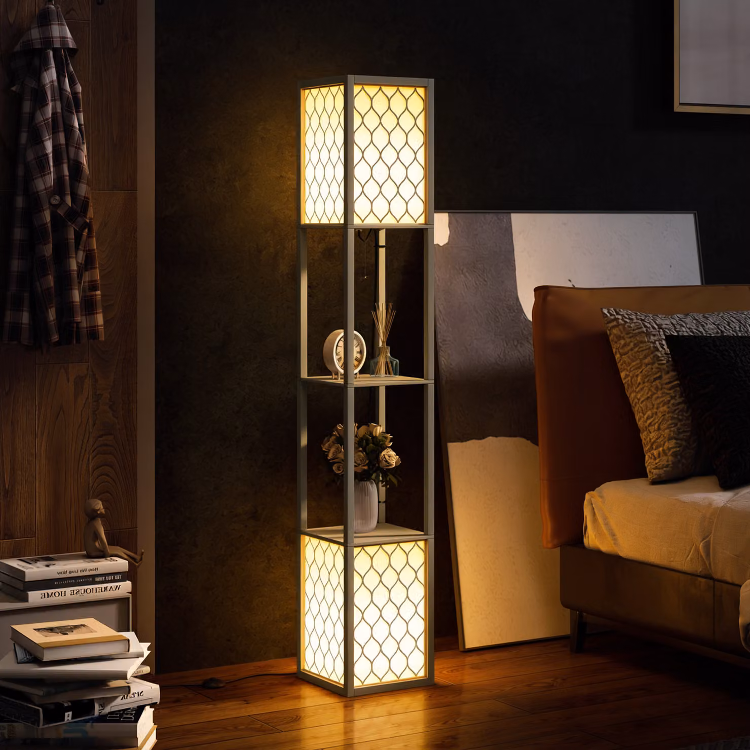 HOMCOM Modern Tall Floor Lamp with Shelves and Dual Light in Light Grey – 2