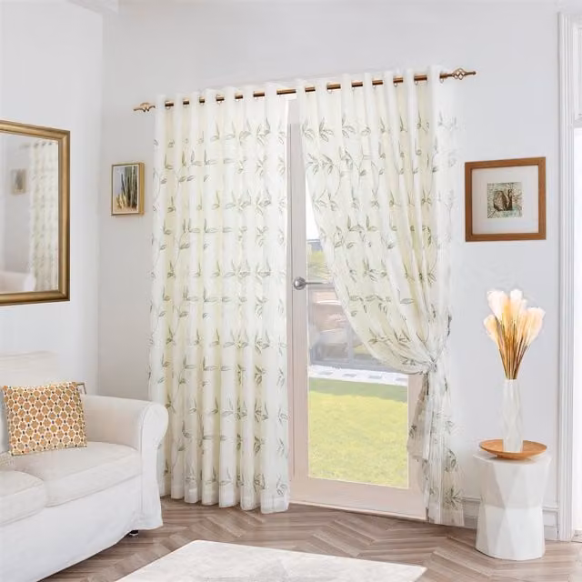 Luxury Living Green Leaf Embroidered Tulle Voile Curtains, Width: 229 cm, Drop: 229 cm