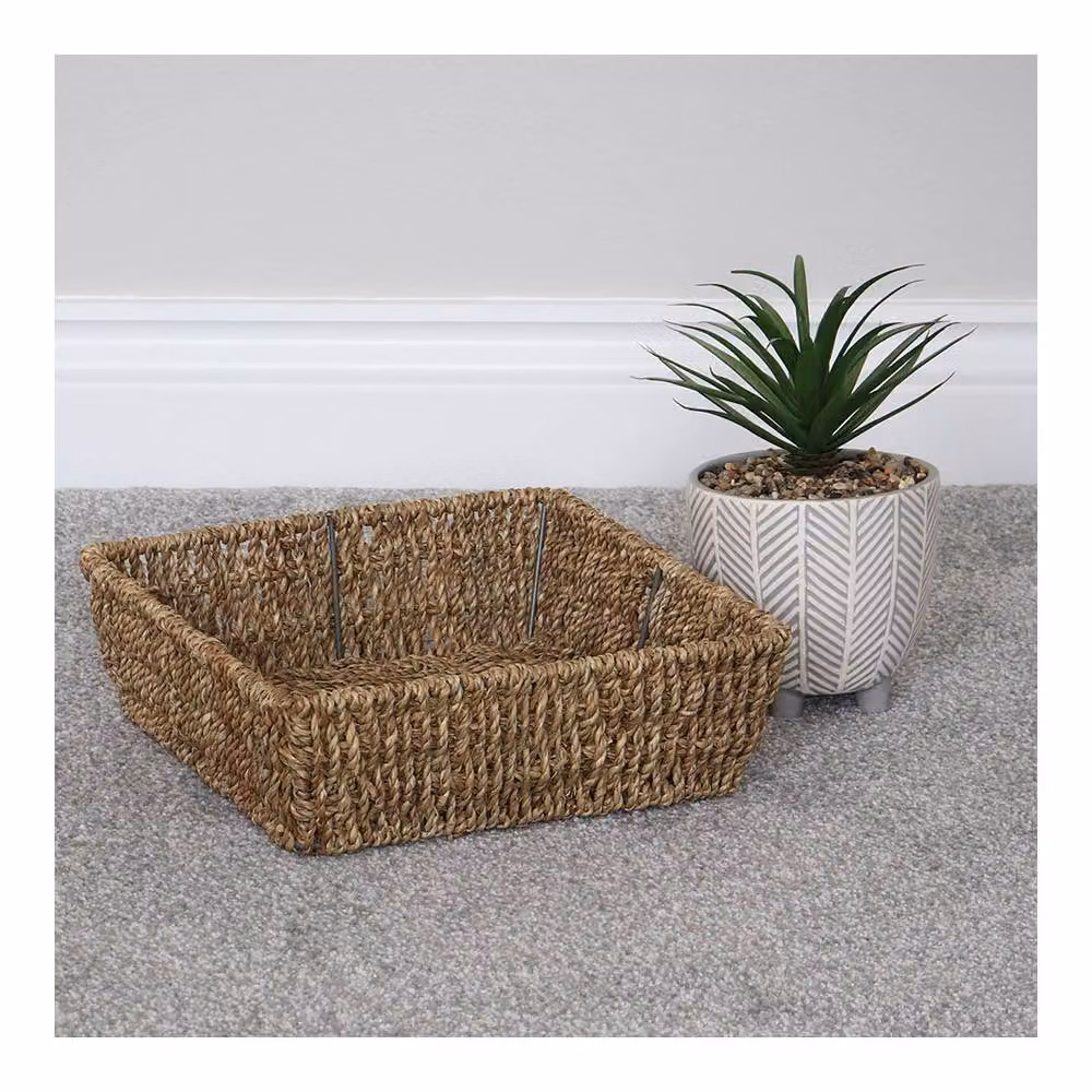 JVL Set of 2 Hand Woven Seagrass Square Storage Trays in Brown and Sand, W/D/H: 25 x 25 x 8 cm – 2