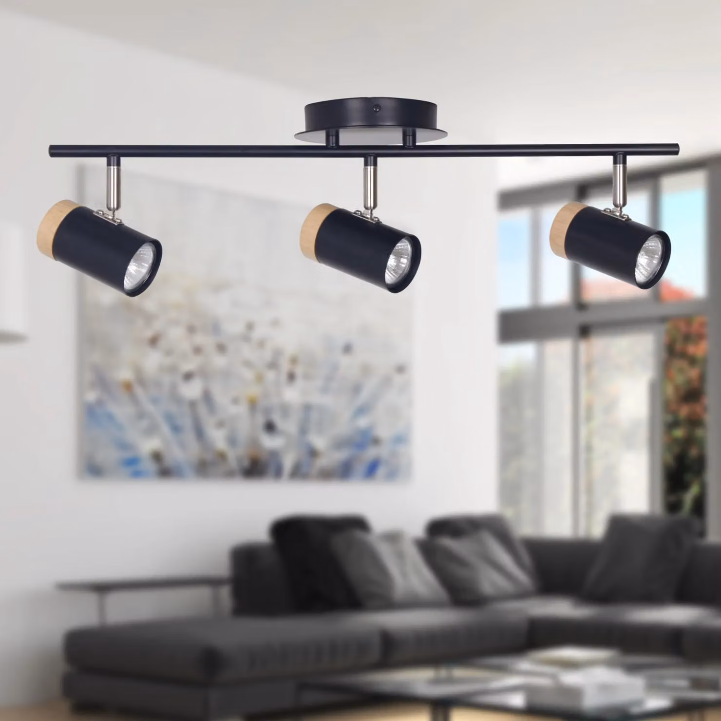 First Choice Lighting Stratton Three Way Spotlight in Black with Wood Detail, Adjustable and Dimmable – 3