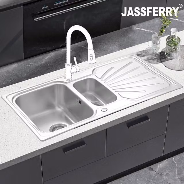JASSFERRY Stainless Steel 1.5 Bowl Reversible Kitchen Sink with Drainer in Silver – 1