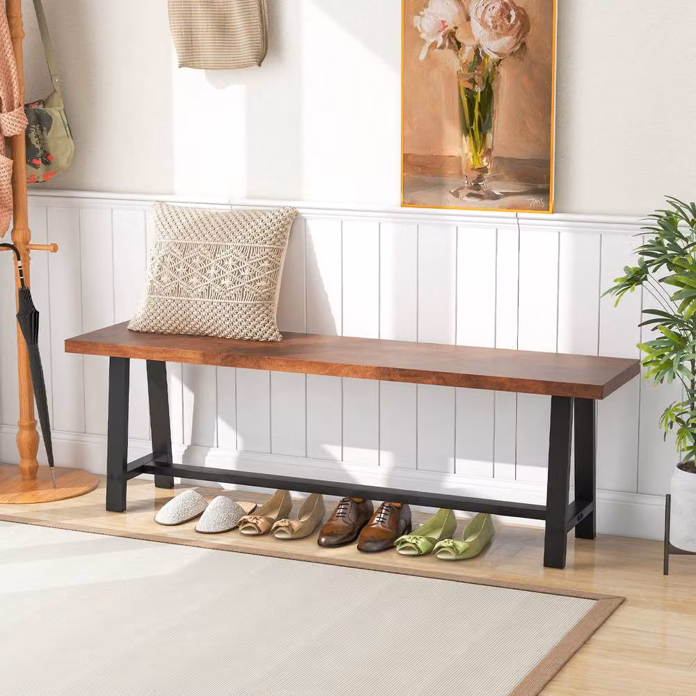 Costway Rustic Brown Wooden and Metal 3 Person Dining and Entryway Shoe Bench, W: 153 cm – 4