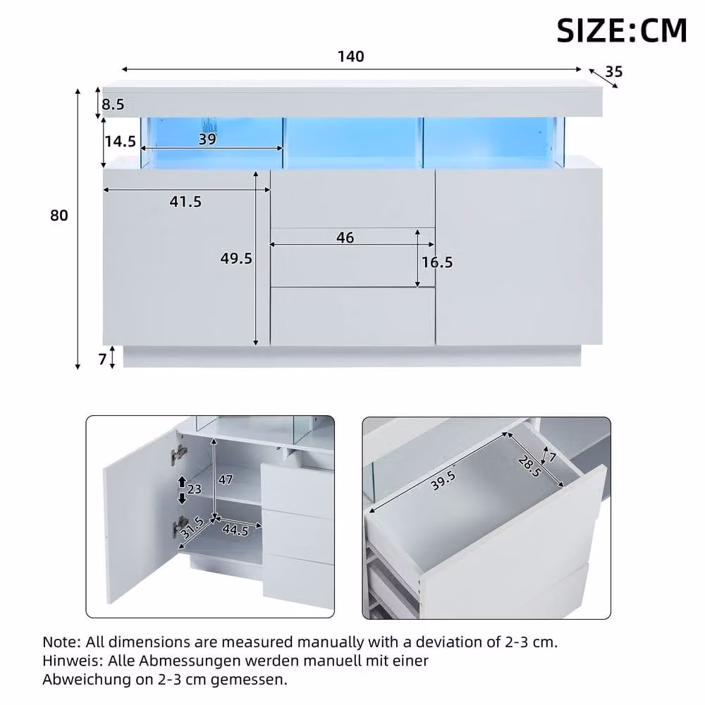 ModernLuxe High Gloss White LED Sideboard Cabinet with 3 Drawers, 2 Doors and Shelves – 5
