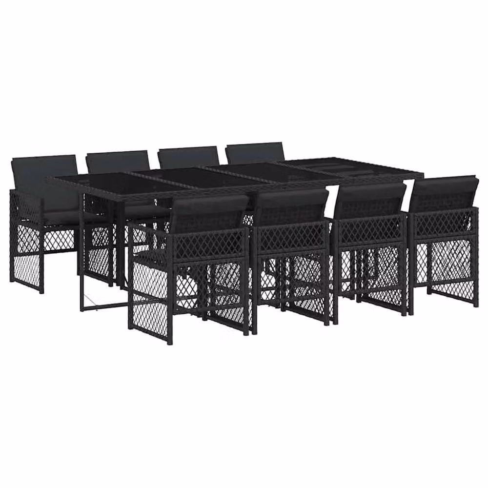 Berkfield Home 9 Piece Black Poly Rattan Garden Dining Set with Cushions and Glass Top – 2