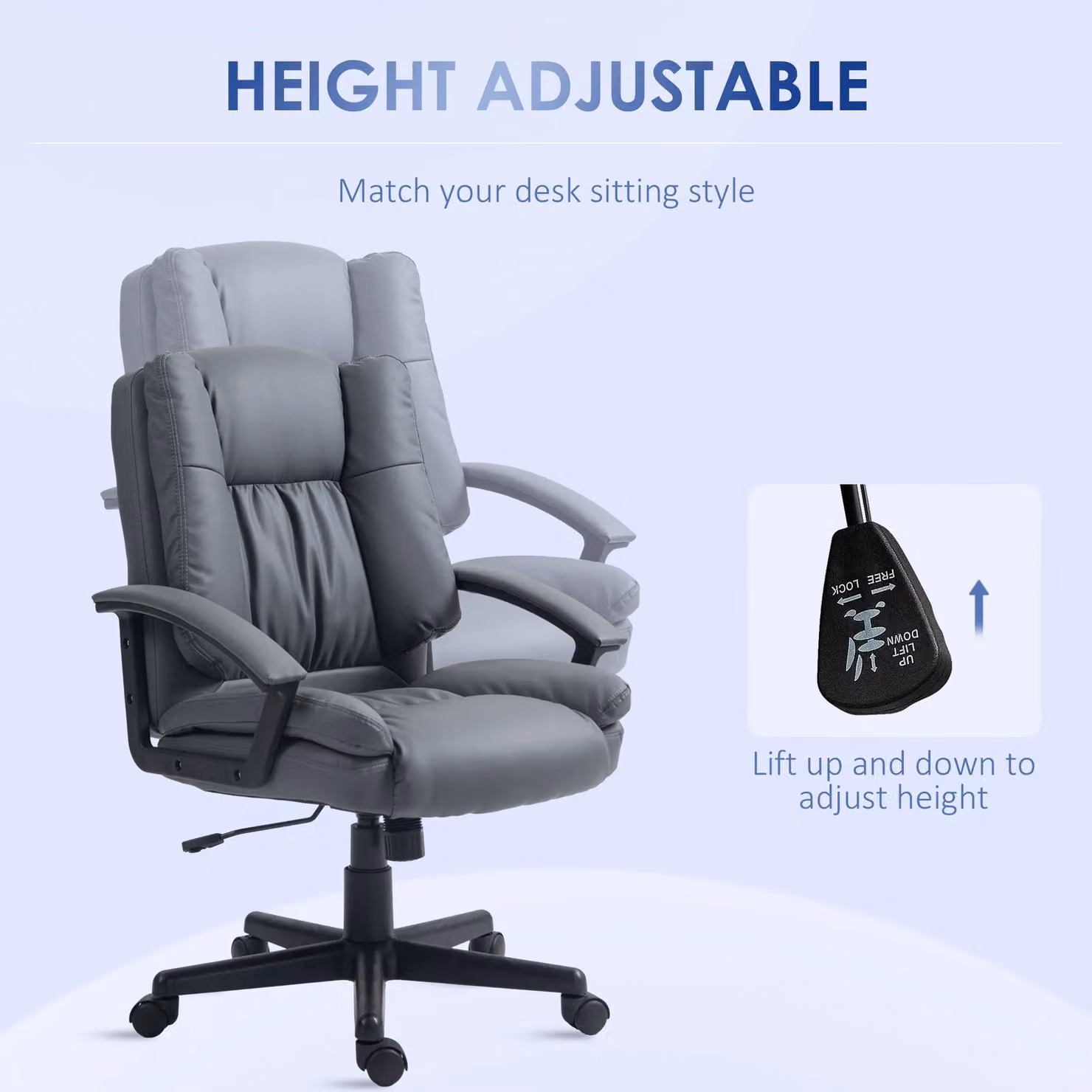 HOMCOM Mid Back Swivel Executive Office Chair with Armrests in Dark Grey PU Leather – 4