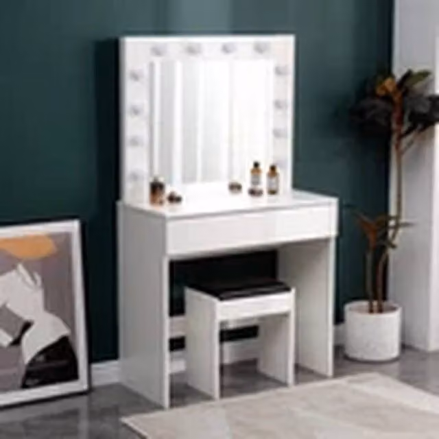 EONLION Modern White Dressing Table Set with LED Hollywood Mirror and Stool – 1