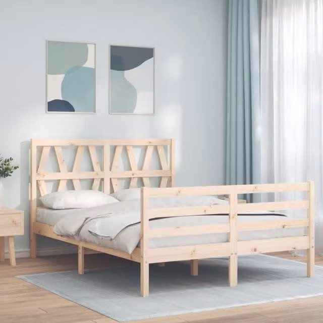 Berkfield Home Solid Wood Pine Bed Frame with Headboard in Brown, W/D/H: 140 x 200 cm
