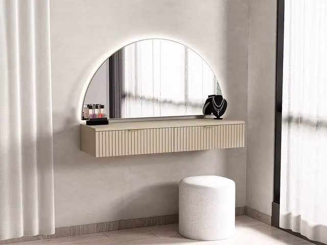 Vente-unique Wall-Mounted Dressing Table with LED Mirror and 2 Drawers, Beige – 1