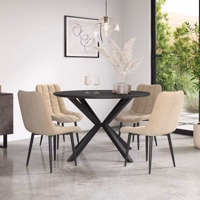 More4Homes Calne Round Ceramic Dining Table and 6 Nova Velvet Chairs in Beige and Black, Diameter: 120 cm, Height: 75 cm – 1