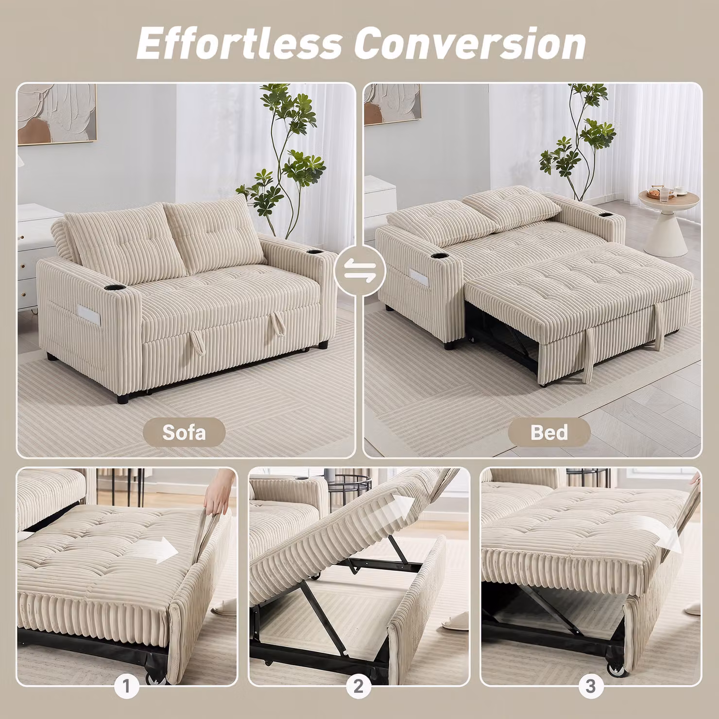 HOMCOM Corduroy Click Clack 2 Seater Sleeper Sofa Bed with Pull Out Design and Scatter Cushions, Beige White – 2