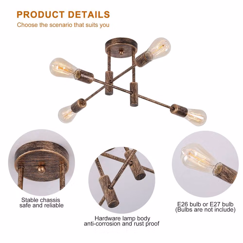 NIVOR Modern Sputnik 4-Light Flush Mount Ceiling Chandelier in Bronze, Black or Gold/Brass – 2
