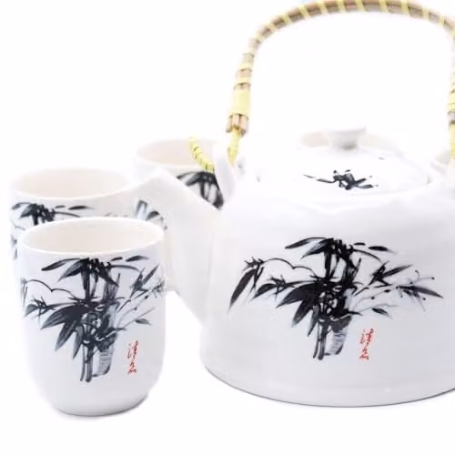 Serenityy Ceramic Teapot Set with Infuser and 6 Teacups in Blue or White Stone