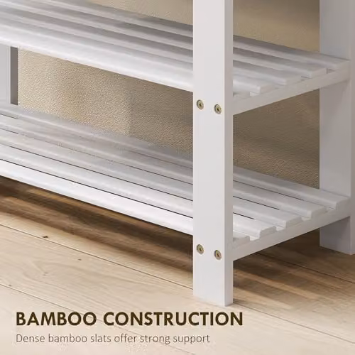 HOMCOM 3-Tier Bamboo Shoe Bench and Storage Rack, White – 4