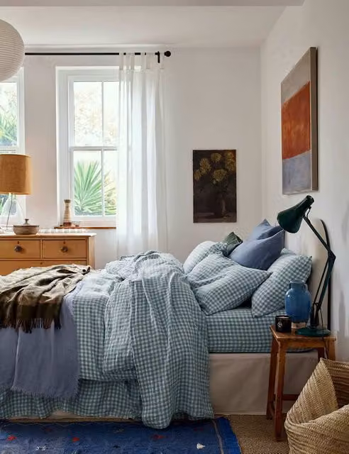 Piglet In Bed Blue Mix Checked Pure Linen Duvet Cover