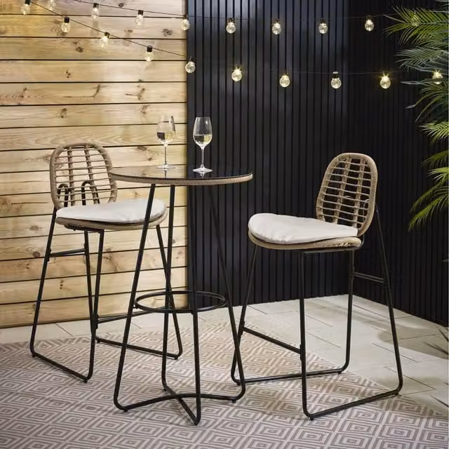 FurnitureboxUK Belize Rattan Outdoor Bar Set with Round Garden Bar Table and 2 Bar Chairs in Natural and Cream with Black Seats