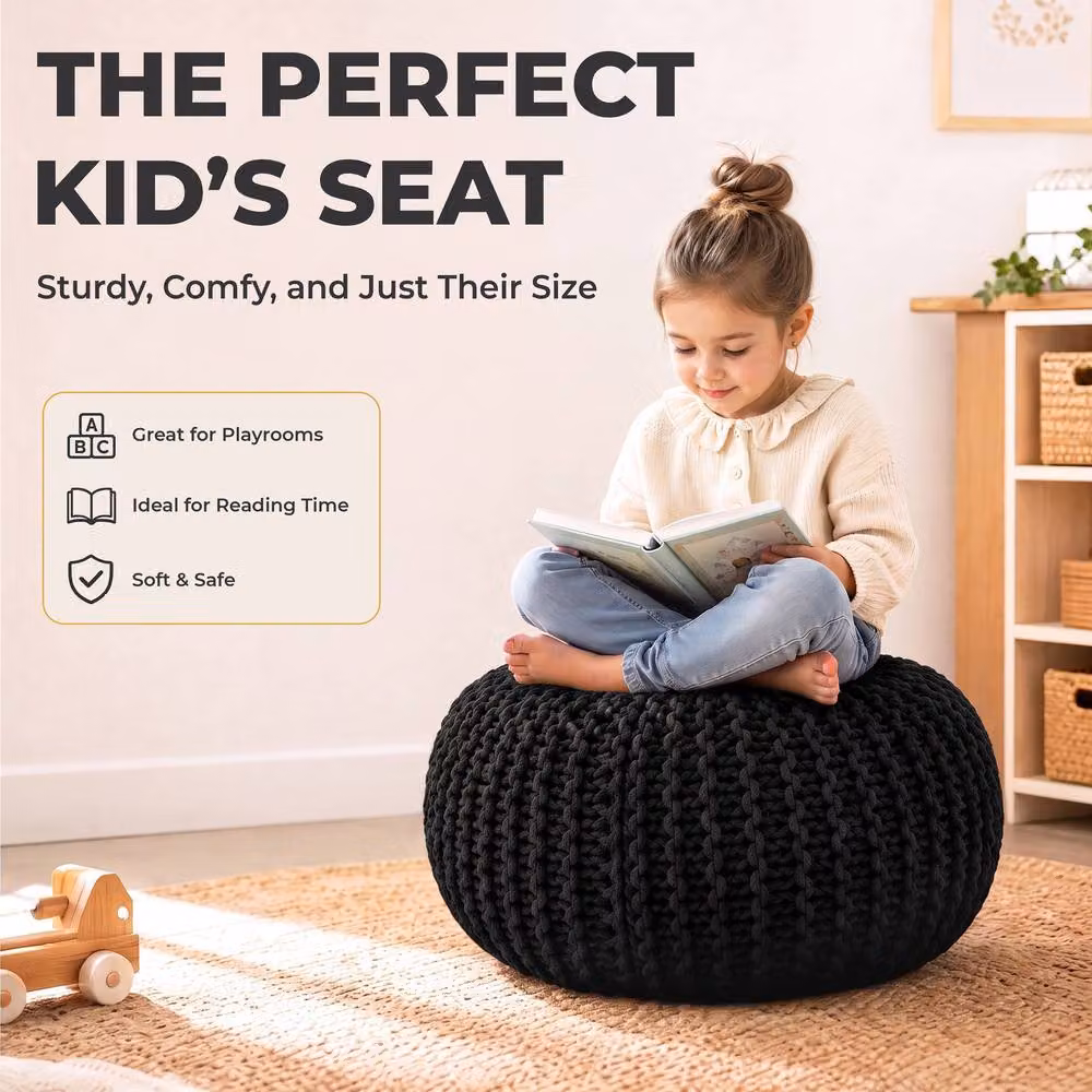 Bravich LTD Chunky Knitted Cotton Pouffe Footstool in Black, Diameter: 50 cm – 7