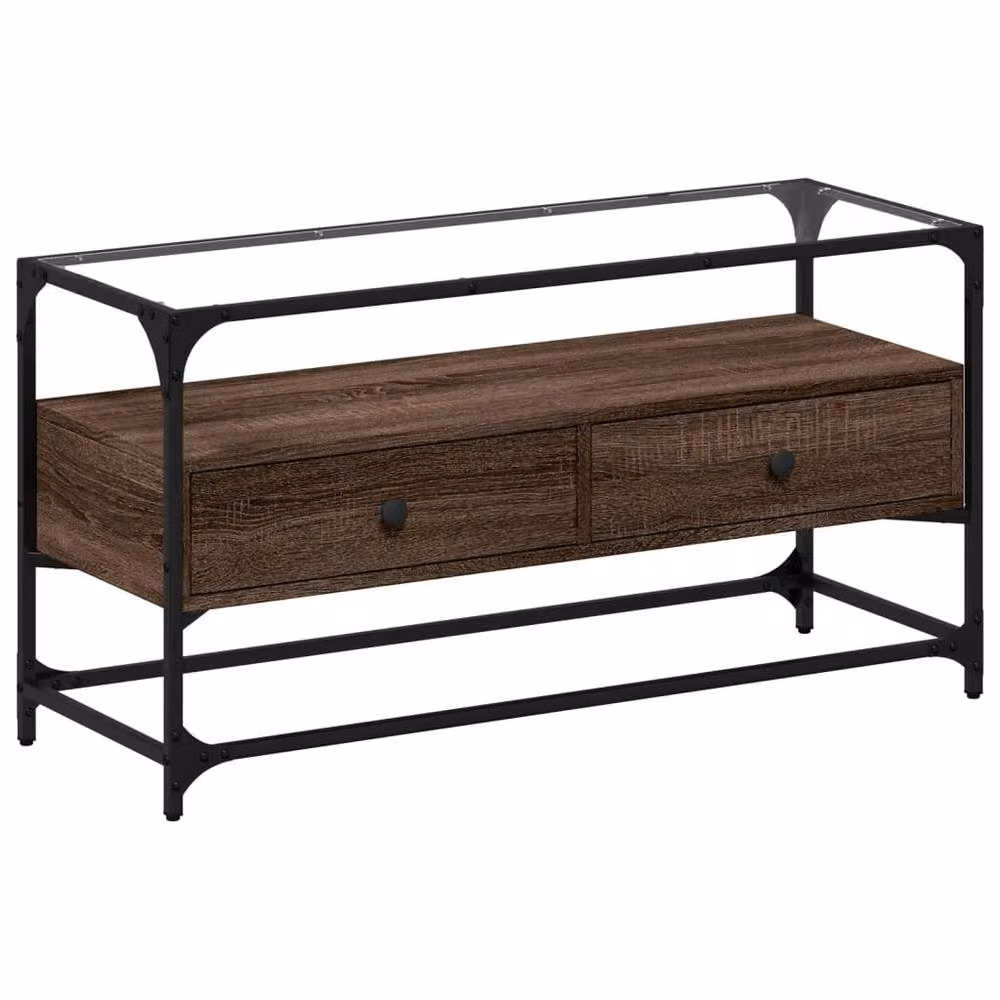 Berkfield Home Brown Oak TV Cabinet with Glass Top and MDF, W/D/H: 98 x 35 x 51 cm – 3
