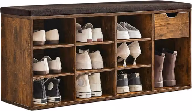 Furnold Industrial Rustic 10 Compartment Shoe Storage Bench in Brown