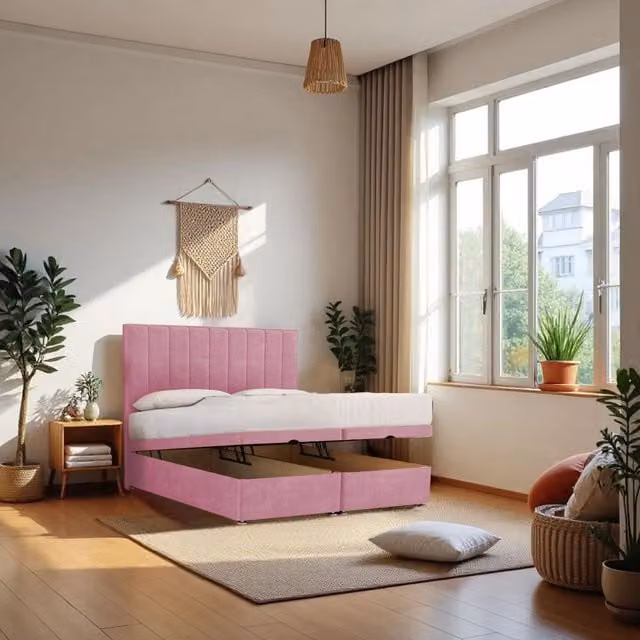 Knight Sleep Paris Small Double End Opening Ottoman Bed with Hybrid Orthopaedic Mattress and 24 inch Headboard in Pink