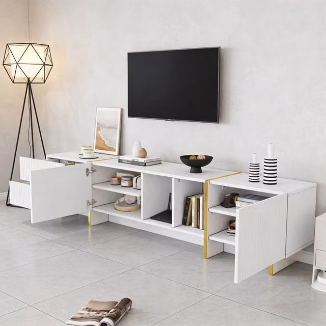 BTM Modern White and Gold TV Stand with Storage Cabinet and Open Shelves for up to 85 inch TVs – 1
