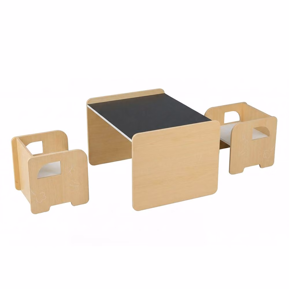 CASART 3-Piece Kids Table and Chair Set with Chalkboard in Natural Wood and Sand – 3