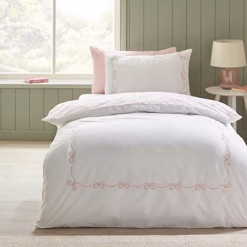 Catherine Lansfield Bow Embroidery Single Duvet Cover and Pillowcase Set, White and Pink, W/H: 135 x 200 cm, Pillowcase: 50 x 75 cm