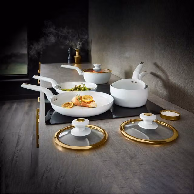 Tower 5 Piece Ceramic and Aluminium Cookware Set in White, Black and Gold