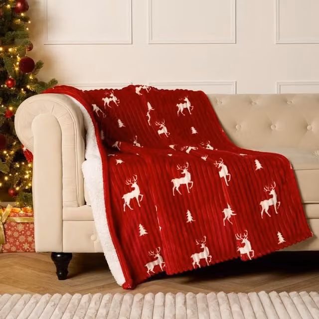 OHS Red Christmas Stag Sherpa Fleece Throw