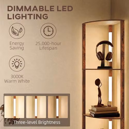 HOMCOM Dimmable LED Floor Lamp with Warm White Light and Rustic Brown Wood Finish, H: 163.5 cm x W: 41.0 cm x D: 29.5 cm – 3