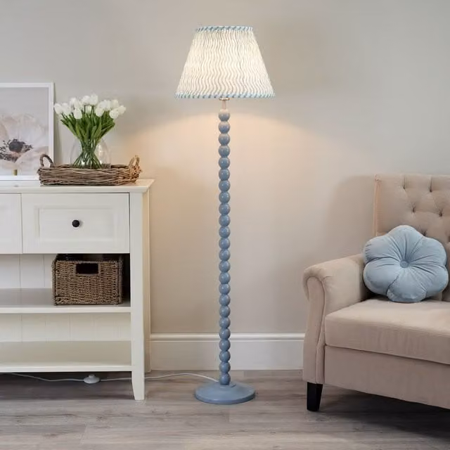 ValueLights Bobbins Powder Blue Floor Lamp with Green Fabric Pleated Shade and LED Bulb