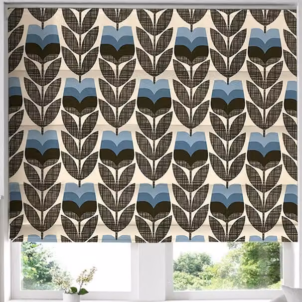 Orla Kiely Rose Bud Made to Measure Blackout Roman Blind in Powder Blue and Grey Floral Pattern