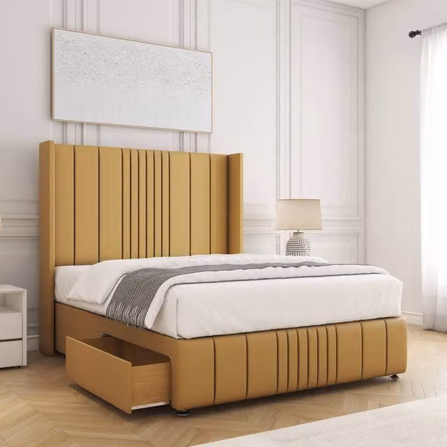 BSSPOKE Elise Plush Velvet Divan Bed with 54 inch Headboard, 2 Drawers, Footend and Mattress in Mustard Yellow, Size: Double (W/D/H: 140 x 200 cm)