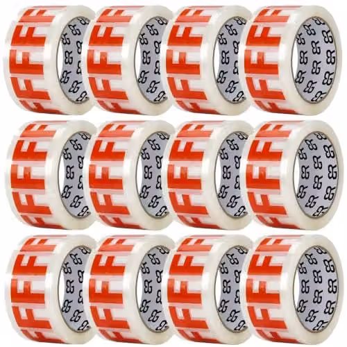 AQUARIUS Fragile Packing Tape, 12 Rolls, Red and Transparent, Width: 48 mm, Length: 66 m – 1