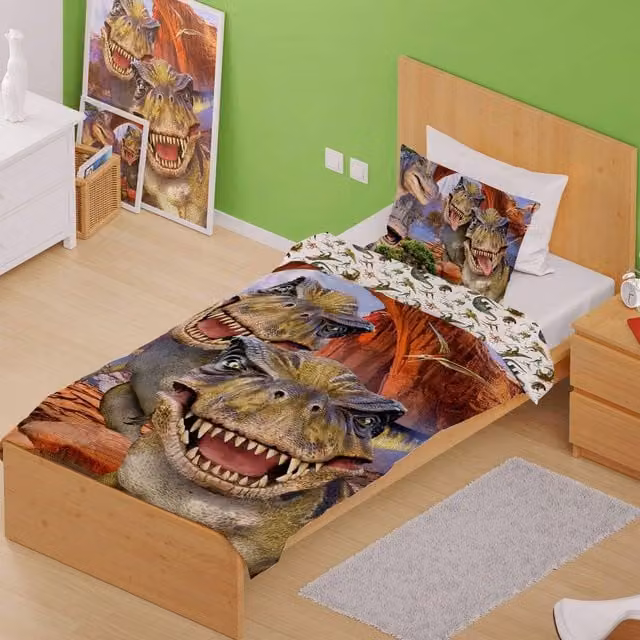 Selfies Reversible Dinosaur Graphic Duvet Set and Pillowcase, Multicolour, Single, W: 90 cm, L: 200 cm