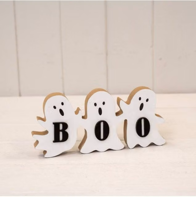 KDMD Wooden Triple Ghost BOO Sign in White for Halloween and Autumn Tabletop Decoration