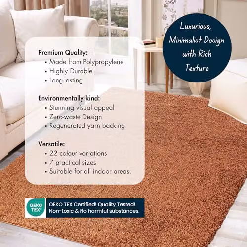 Serdim Rugs Terracotta Plain Modern Shaggy Living Room Area Rug, W: 60 cm, L: 110 cm – 5