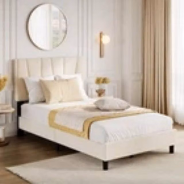 Kelvenix Double Upholstered Bed Frame in Beige with Wooden Slats and Metal Frame, 140 x 200 cm
